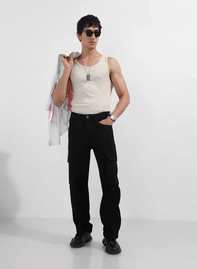 The Indian Garage Co  Men Relaxed Fit Solid Cargo Pocket Mid-Rise Jeans for Men | Best Price UAE